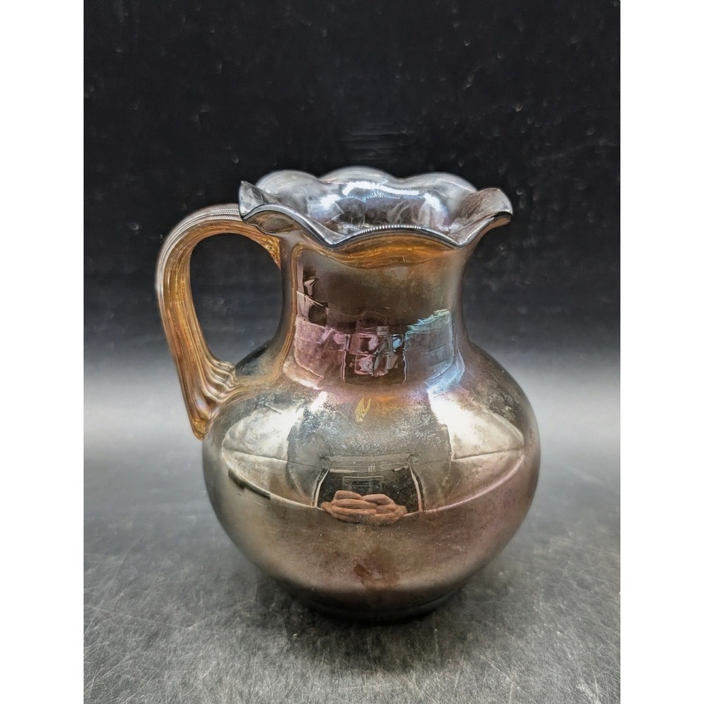 Iridescent Pilgrim Carnival Glass Pitcher Ruffled Rim Amber Metallic Oil Slick